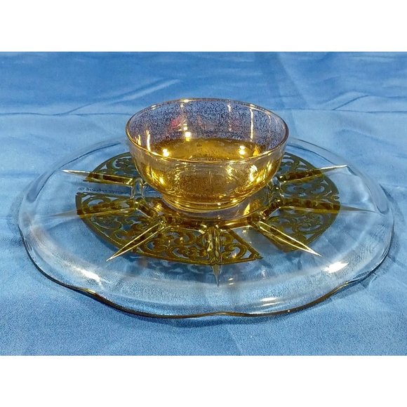 Georges Briard Signed Gold Scroll Encrusted Glass Pedestal Cake Plate Stand - Picture 6 of 7